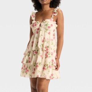 Women L Dress Cream  Floral Tiered Ruffle Mini Cottage Feminine Whimsical Fairy